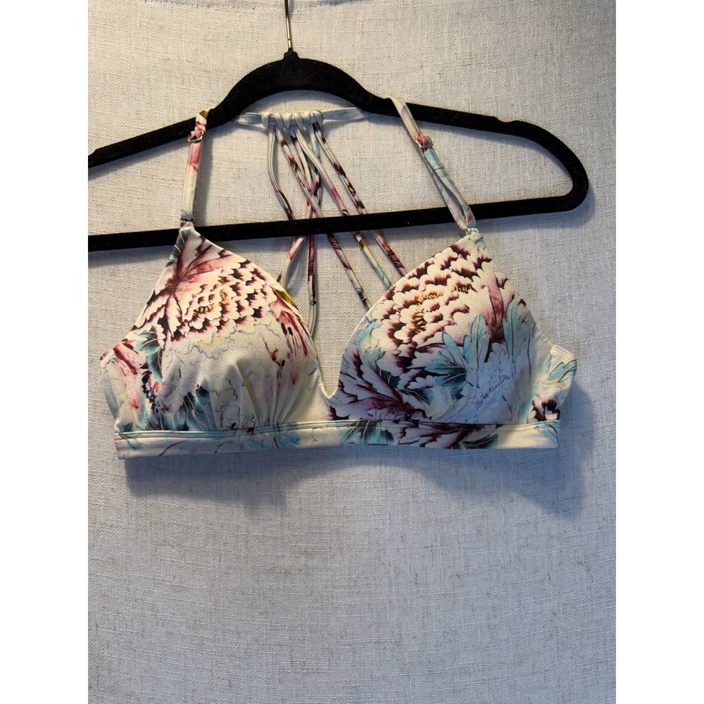 Athleta Floral Strappy Cage Back Bikini Swim Top Cream Pink Blue Small